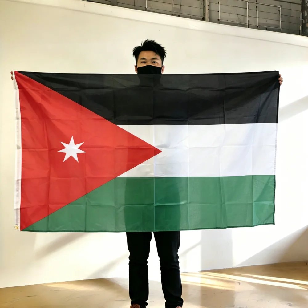 FlagGo Drapeau de la Jordanie 150x90cm 3x5 FT Noir Blanc Vert Rouge Triangle Étoile Polyester Double Couture Décoration Extérieure Intérieure