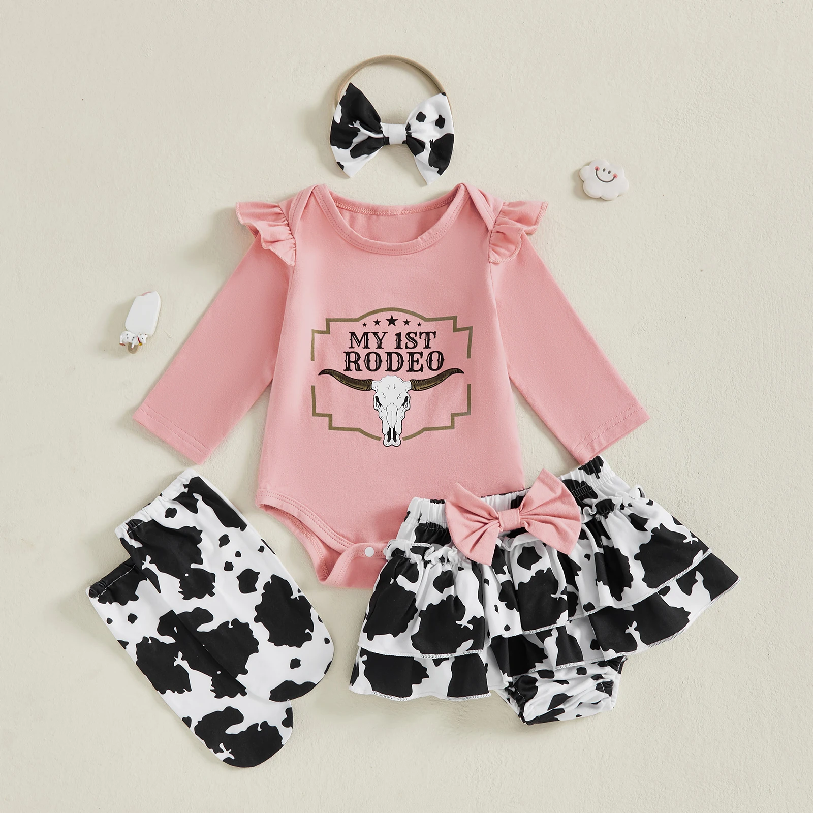 

Tregren 0-18M Infant Baby Girls Western Outfit Letter Print Romper and Cow Print Layered Skort Headband Socks Cute 4pcs Clothes