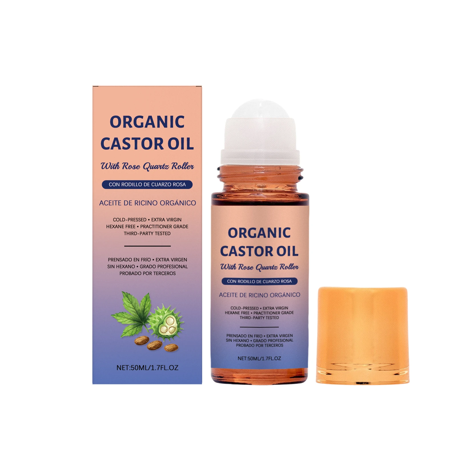 Organic Castor Oil Roll On with Rose Quartz Roller Hydrating Skin Repair Anti Aging Deep Moisture Glow Boost Natural Oil 50ml