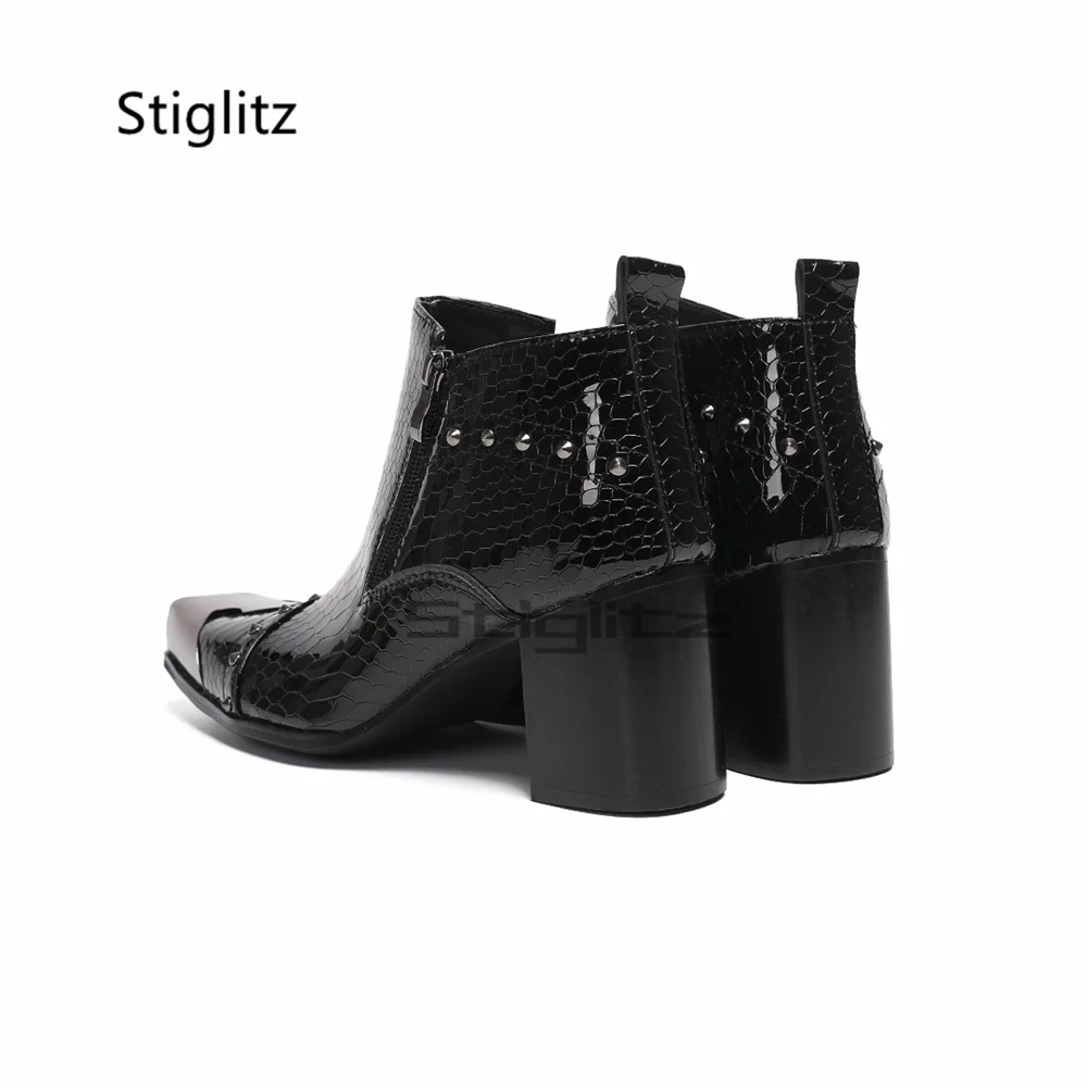 Metal Square Toe Black Snake Print Ankle Boots for Men Side Zip Silver Stud Chunky High Heels Chelsea Boots Autumn Winter Shoes