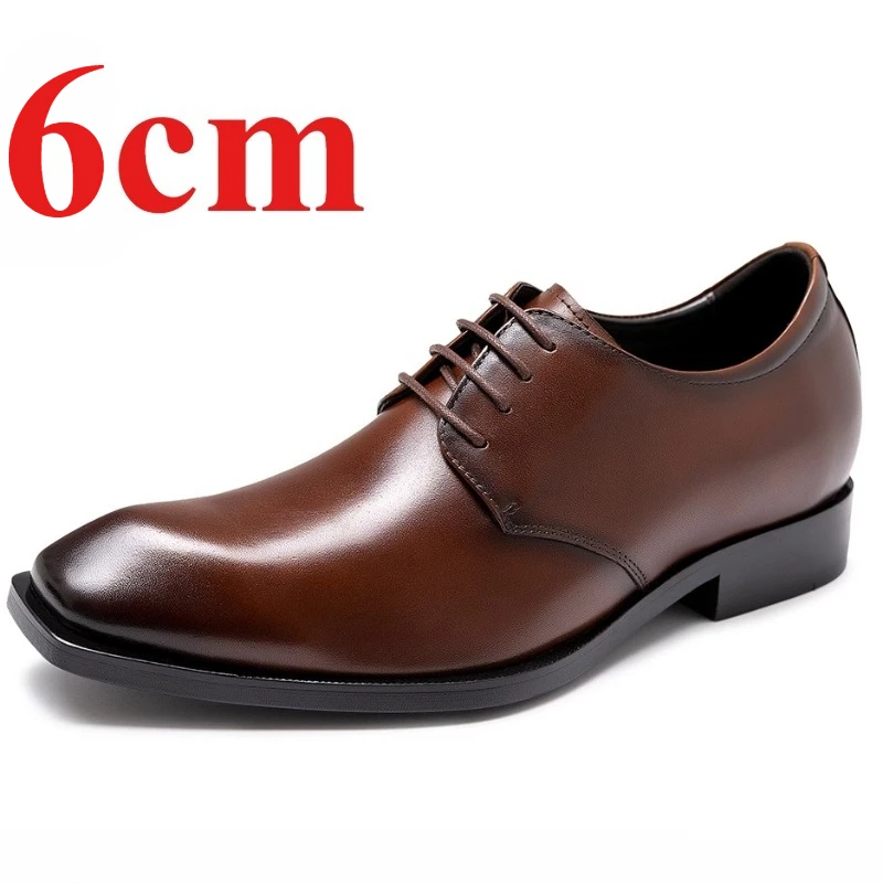 Genuine Leather Men's Dress Shoes Square Head Derby Shoes 6cm British Comfortable Wedding Banquet Height Increasing Shoes Male