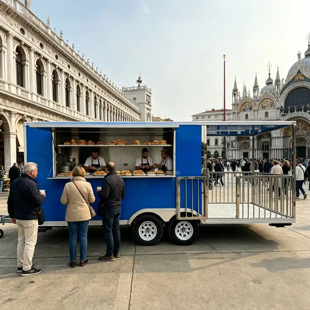 Blue Double Axle Food Trailer with Rear Working Deck Mobile BBQ & Fast Food Truck for Fair Catering & Outdoor Event Rental
