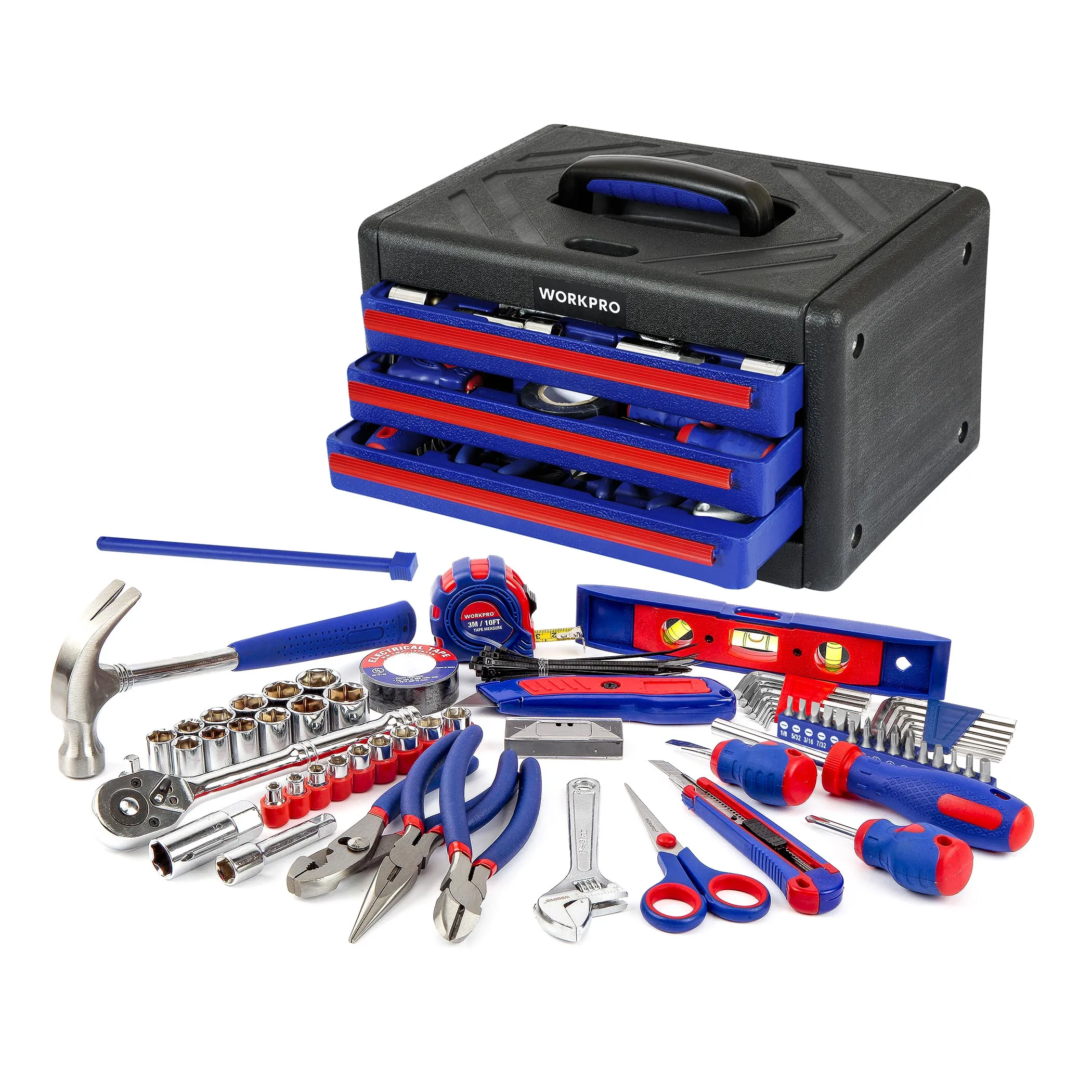 WORKPRO 125-Piece Home Repair Tool Set with 3-Drawer Storage Case