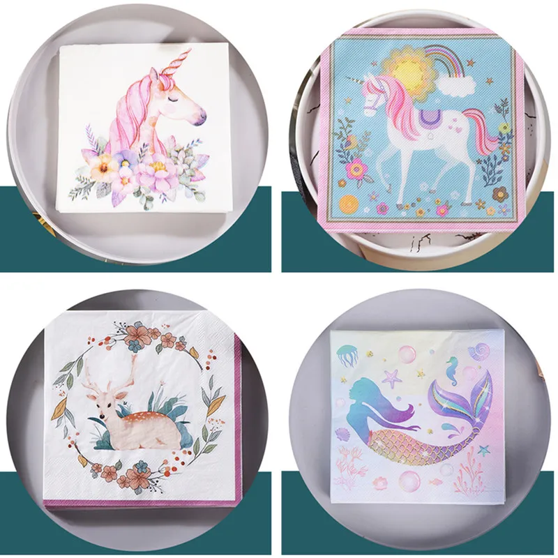 

20Pcs/Pack Cartoon Horse Unicorn Mermaid Disposable Napkin Paper Table Dinner Tissue DIY Wedding Party Decoration