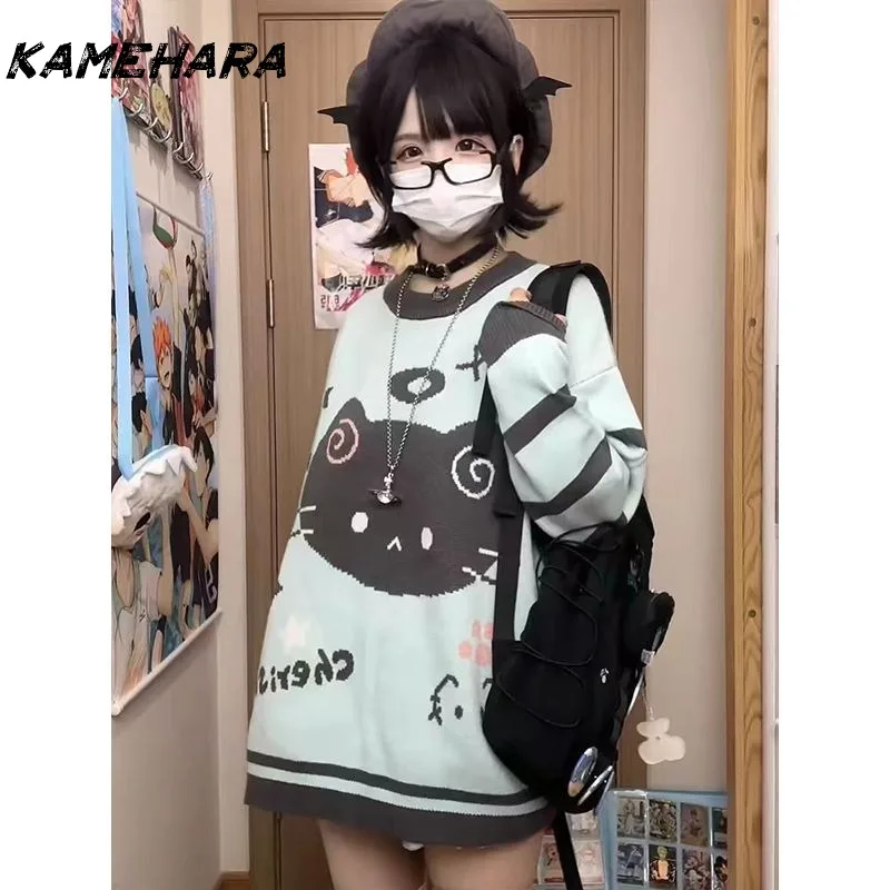 

KAMEHARA Korean Contrast Color Striped Cartoon Cat Sweater Women Y2k Harajuku Cute Kawaii Jumper Aesthetic Sweet Loose Pullovers