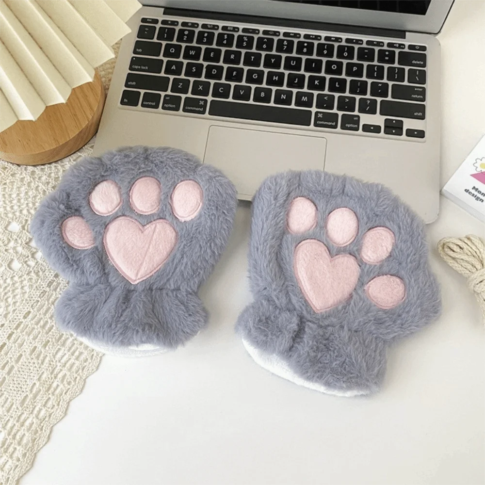 Cute Polyester Fuzzy Half Finger Gloves Thick Cold Proof Warm Winter Gloves One Size Bear Paw Gloves Indoor Use