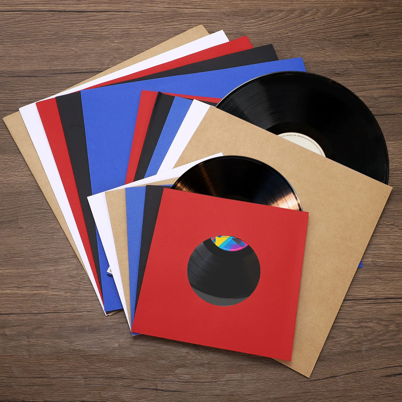 10/20 szt. Wewnętrzne papierowe okładki na płyty winylowe, antystatyczne, z papieru kraft, z otworem na środku i poliestrową podszewką, do albumów. — zdjęcie produktu 3