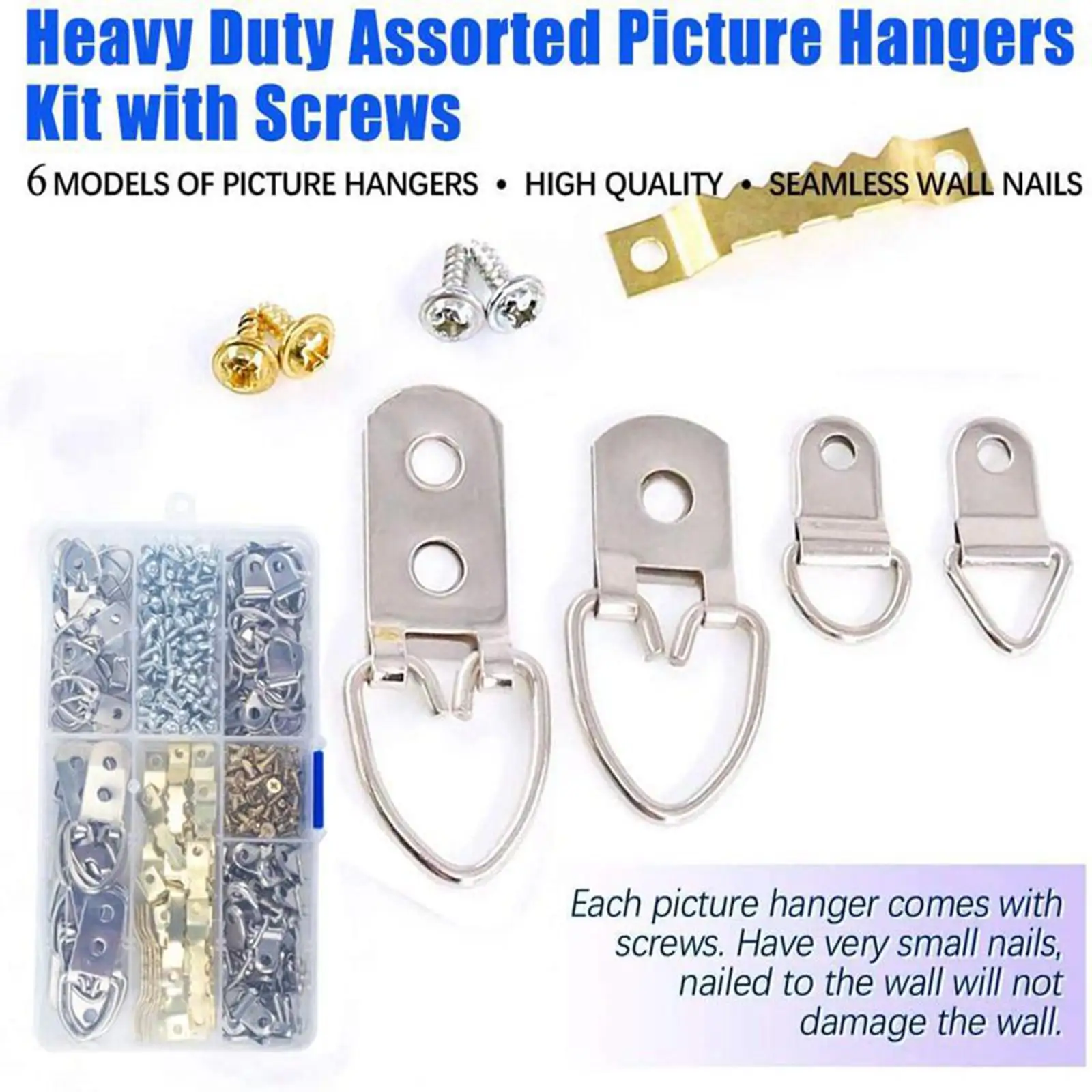 Heavy Duty Picture Frame Hanger Kit Steel Hooks with Screws Double Hole D Rings for Wall Hanging Photos Paintings Decor