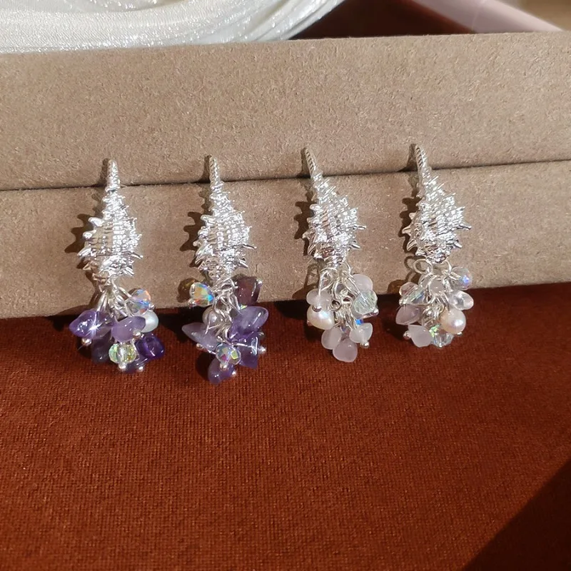 Korea Irregular Pink Purple Crystal Natural Stone Freshwater Pearl Tassel Trumpet Shell Long Dangle Earrings for Women
