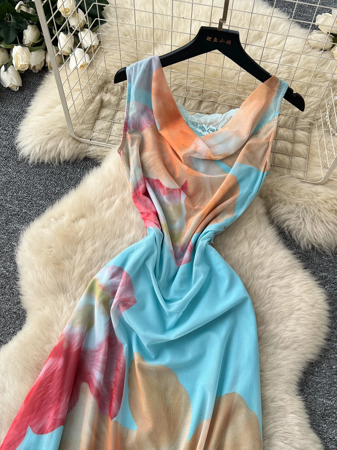 Vacation Style Blue Floral Print Sleeveless Women's Dress High Waist Beachy Waist Cinching Long Skirt Autumn Collection