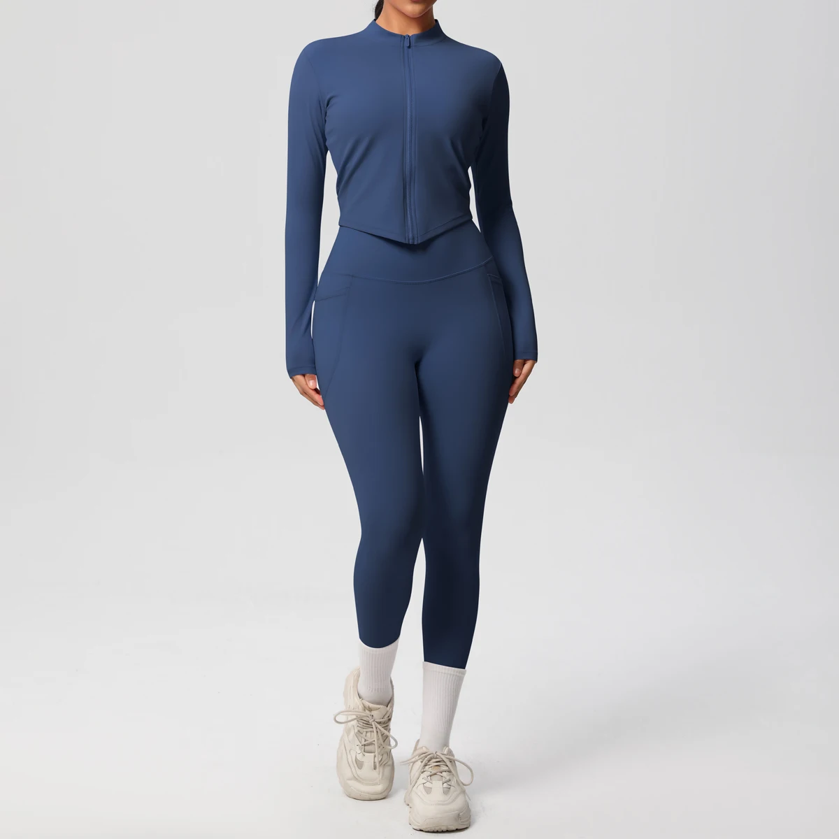 2PCS Yoga Suit Women Gym Set Leggings With Pocketed Women Tracksuit Running Zipper Workout Sportswear Long Sleeve Sports Shirt