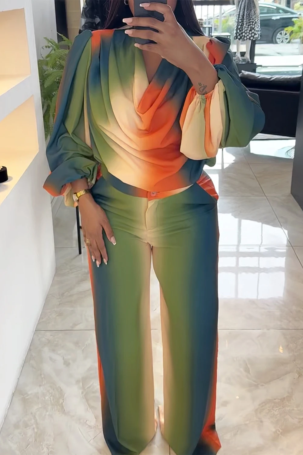 

Plus Size Business Casual Green Gradient Cowl Neck Lantern Sleeve Long Sleeve Ruffled Two Piece Pant Sets