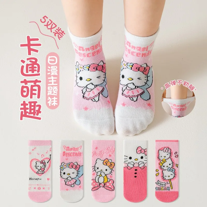 

5 Pairs Sanrio Hello Kitty Kids Socks Kawaii New Fall Winter Cartoon Children Mid-calf Socks Cotton Sock for Girls Gifts 1-12Y