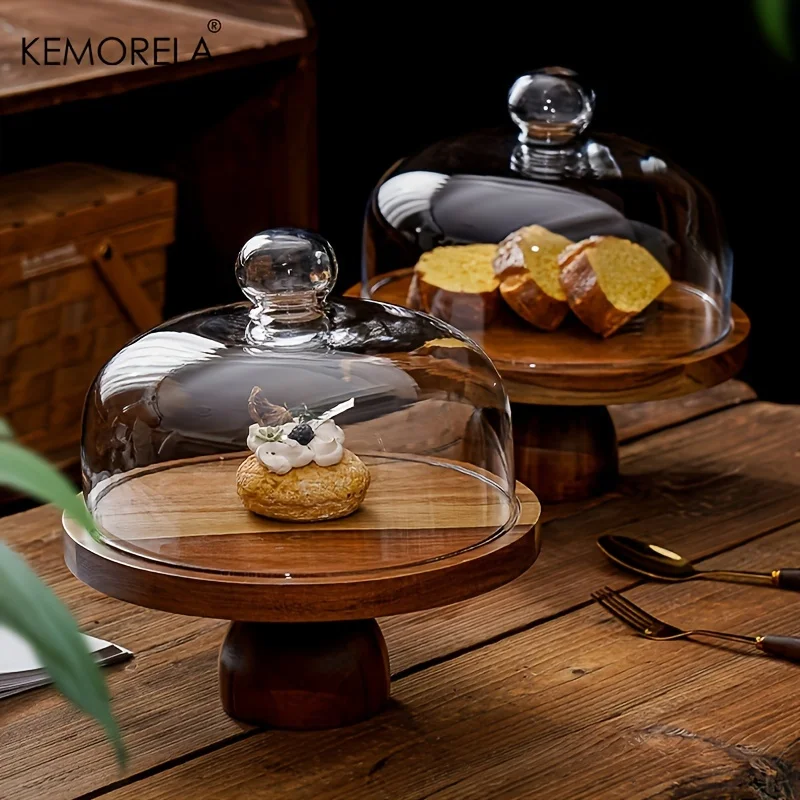 Acacia Wood Cake Tray High Foot Cake Display Tray 1PCS Bread Plate With Cover Transparent Glass Cover And Without Lid Cake Stand