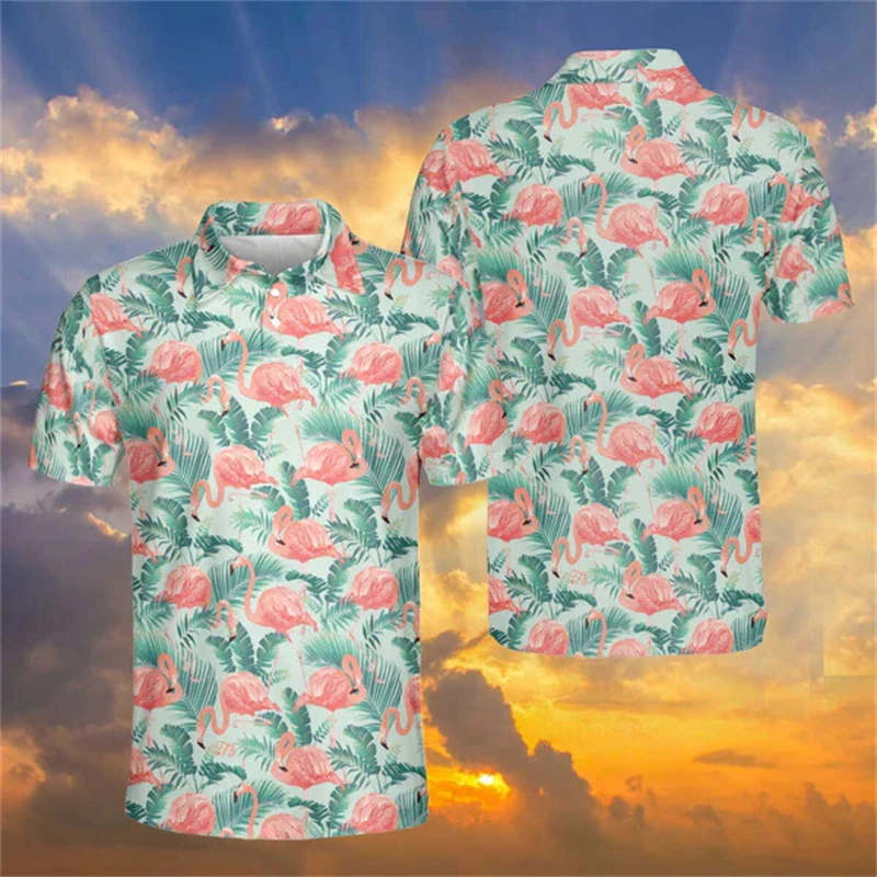Vintage Men Hawaiian Polo Shirts 3d Print Flamingo Graphic Unisex Casual Y2k Short Sleeve Clothing Male Fashion Streetwear Tops