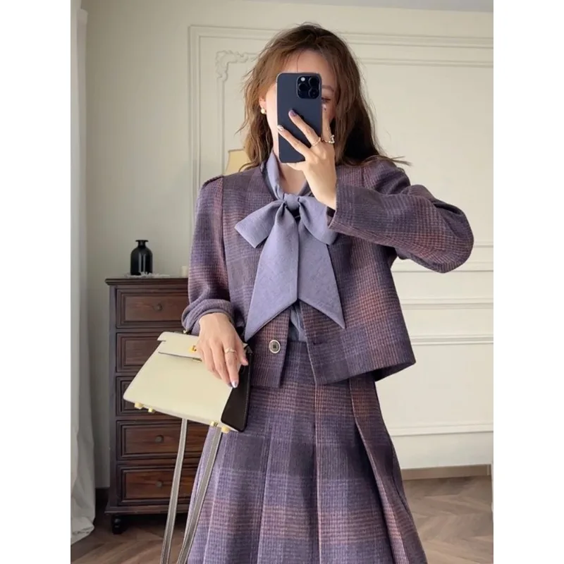 Irabeezt French Style Skirt Set Plaid Loose Casual Coats Tops A-line Young Lady Long Skirts Vintage Two Piece Sets Female Outfit