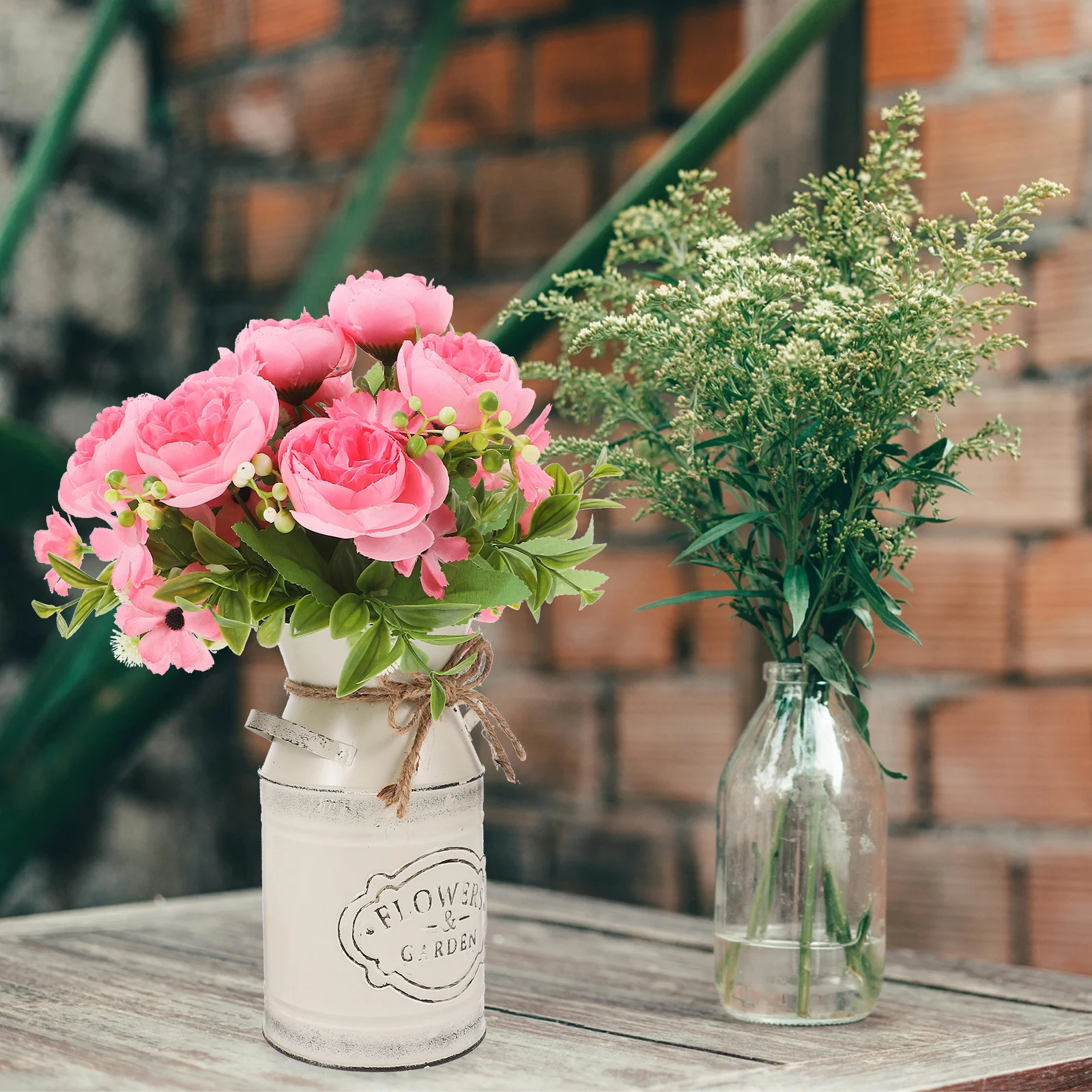 

1pc Vintage Rope Flower Vase Iron Rustic Jug Farmhouse Decor Galvanized Metal Bucket For Dried Fresh Flowers Wedding