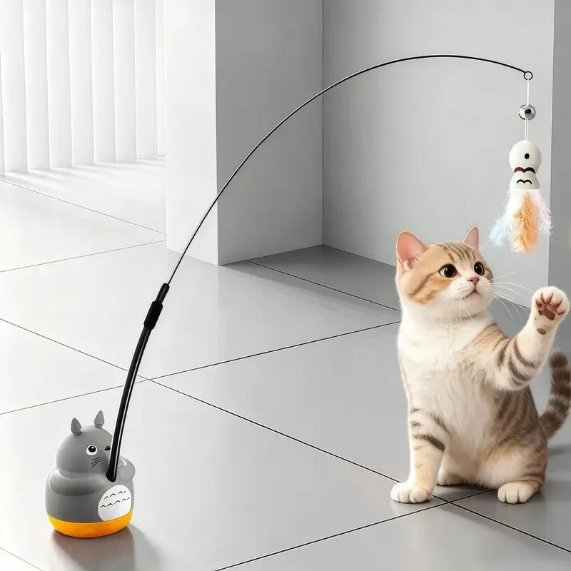 Rotating Steel Wire Cat Teaser Wand with Bell Fish Pendant, Durable Bite Resistant Interactive Self Amusing Toy for Kittens Cats