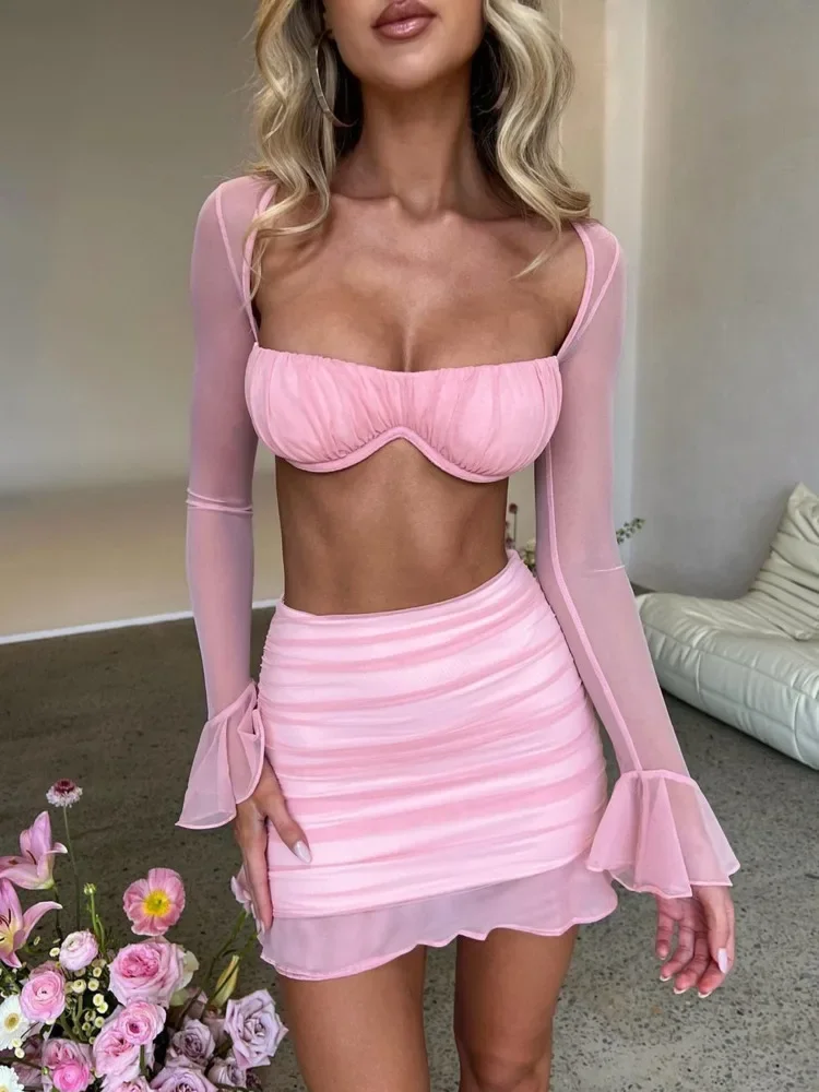JIAYAN Mesh Sexy Dress Set Women Strapless Full Sleeve Crop Top And Mini Skirt Matching Sets Female Club Party Two Piece Set
