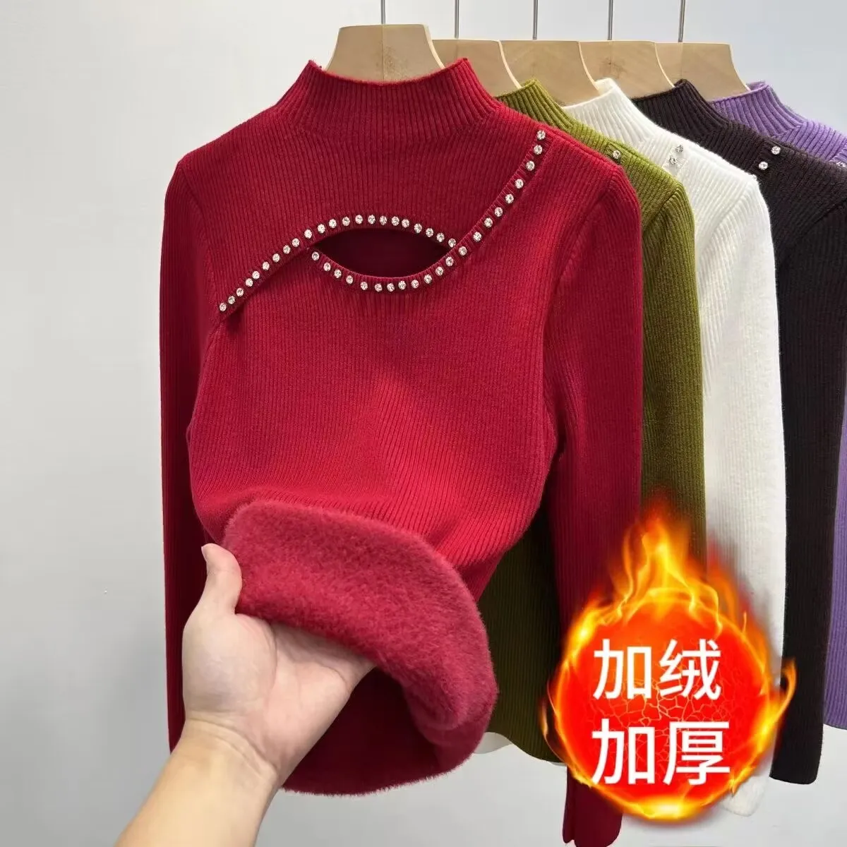 Beading Hollow Out Fleece Sweater Women Autumn Winter Mock Neck Thick Base Shirt Femme All-match Warm Sweater Tops New 2024