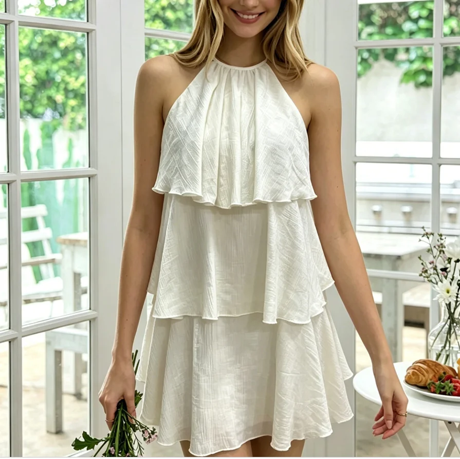 

Women's Dress Summer New Fashionable and Elegant Style Solid Color Simple Layered Ruffle Edge Backless Hanging Neck Dress