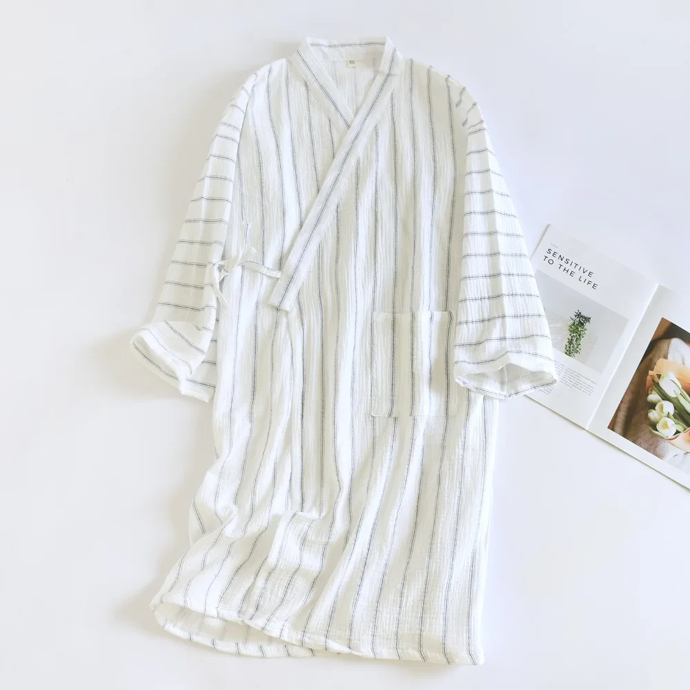Kimono Gauze Cotton Bathrobe Striped Casual Robe Man Sleepwear 2026 New Spring Summer V-neck Loose Dressing Gown Lounge Wear