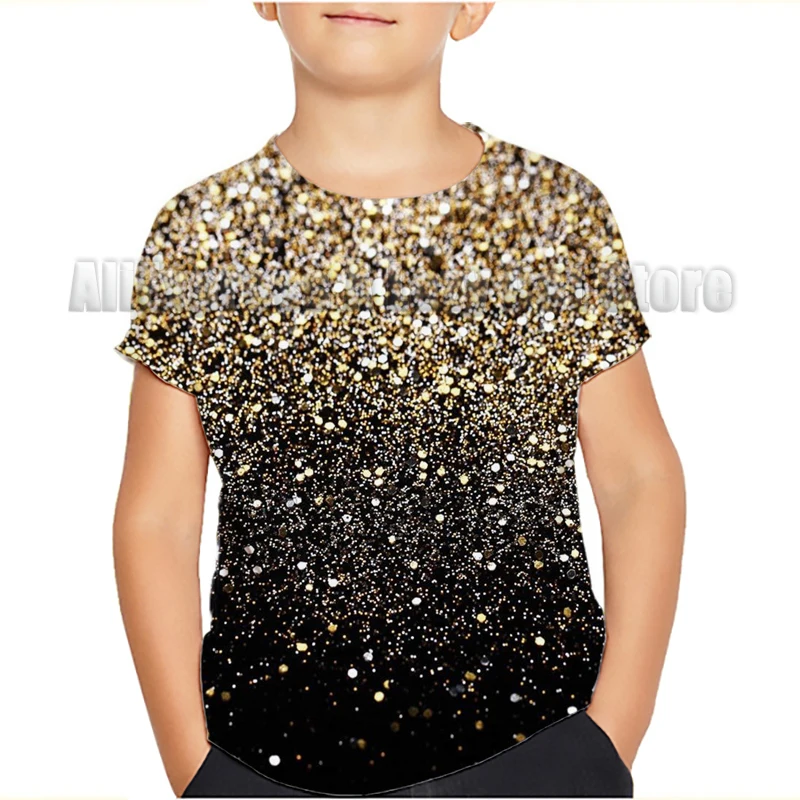 Shiny Gold T-Shirts 3D Tees Fashion Boys Girls Children O-Neck Oversized Short Sleeve Summer Casual Kids Tops 2023