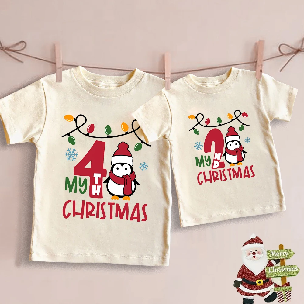 Kid Christmas Day Retro Beige Kids T-shirt 1-5Y Short Sleeve Child Tees Shirt Christmas Day Sister Brother Outfits Best Gift