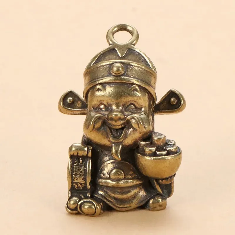 Brass God of Wealth Metal Figurine Keychain Pendant Lucky God of Wealth Decorative Figurines Home Decor Accessoires Miniatures