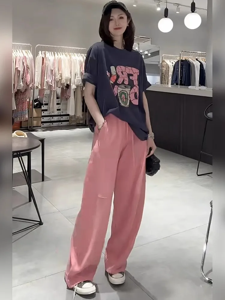 

plus Size Casual Sportswear Set Women Summer Fashion Anti-Aging Slimming Short Sleeve T-Shirt Pink Wide Leg Pants Two Piece Set