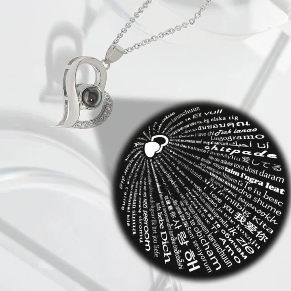 TOHM Creative Shiny Zircon love Heart Projection Pendant with 100 Languages Versatile Girl's Necklace keychain luxury bag charm
