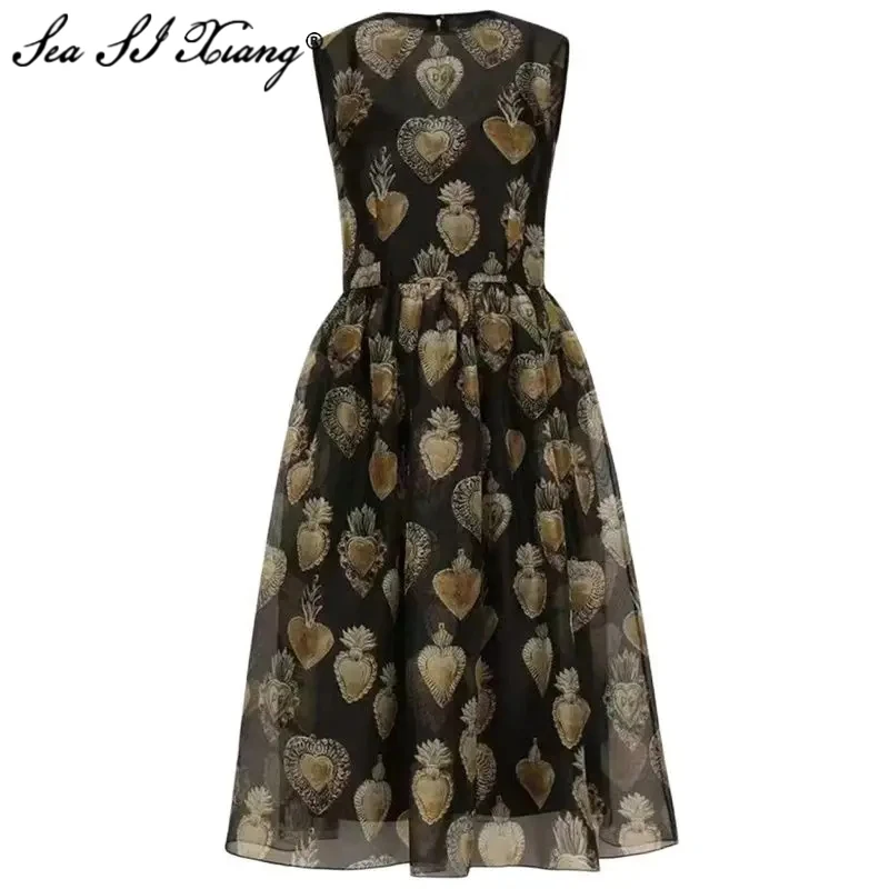 

Seasixiang Fashion Designer Spring Summer Silk Dress Women O-Neck Sleeveless Love Print Elegant Party Dresses