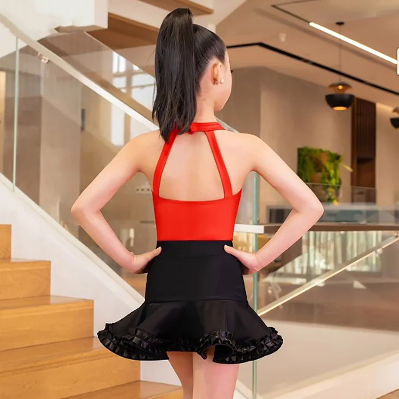Kinderen Meisjes Latin Danskostuums Backless 3D Bloem Body en Big Swing Rokken Prestaties Competitie Danskleding voor kinderen
