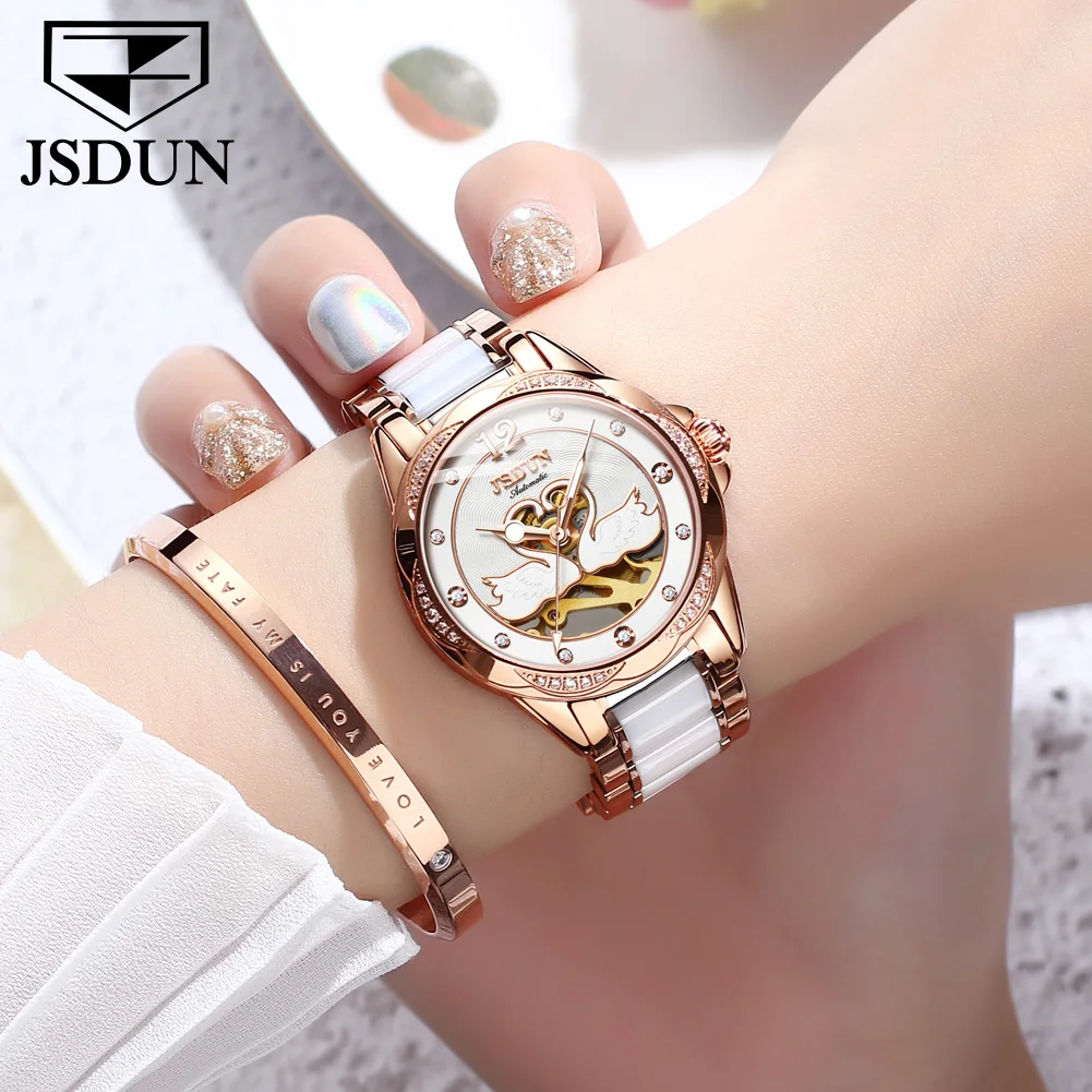 JSDUN High Quality Automatic Mechanical Ladies Watch Original Ceramic Waterproof Lady Wrist Watch Elegant Fashion Women Watches