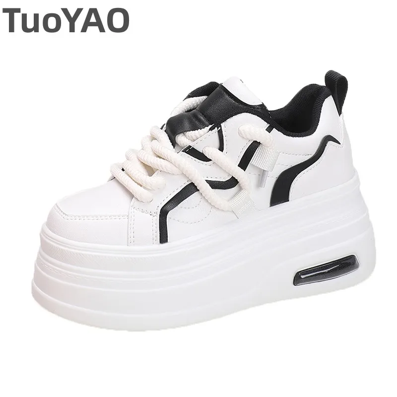 

8cm Chunky Leather Women Casual Shoes High Platform Wedge Heels Sneakers Fashion Female New Women Spring Autumn Skateboard Shoes