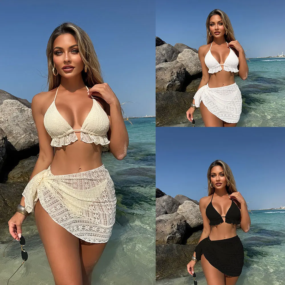 

2025 Bikini New Lace Splicing Advanced Sensual Lace Up Hot Spring Swimsuit Women's 3-piece Set
