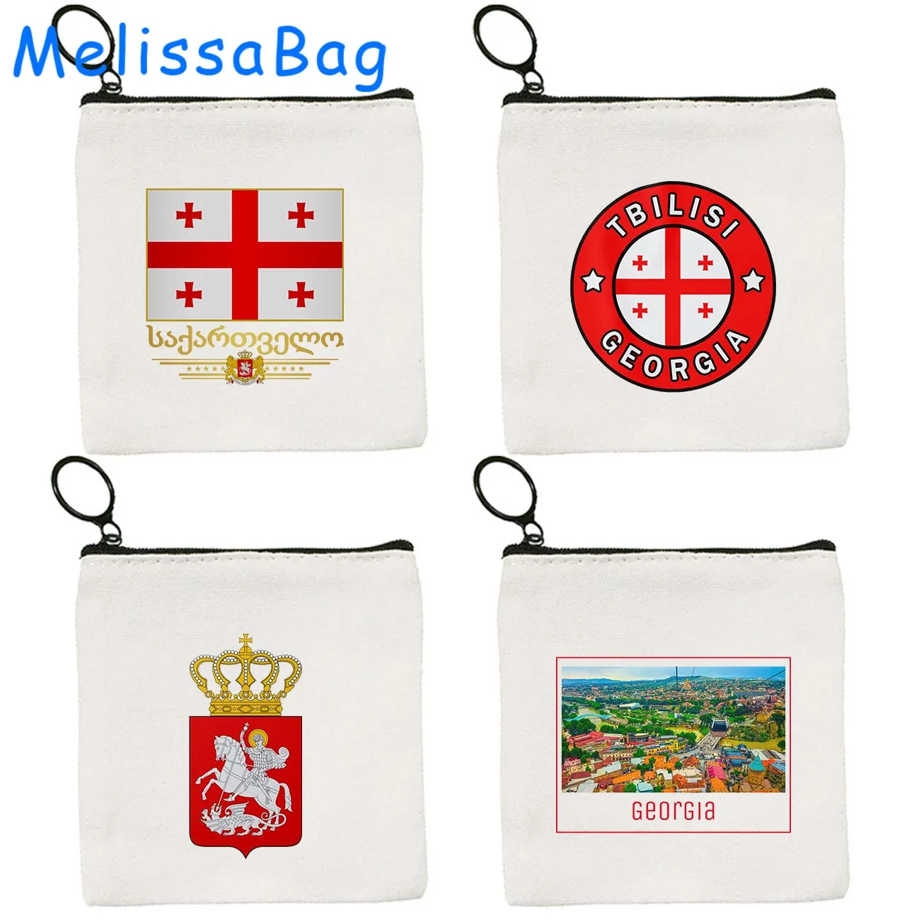 Coat of Arms Georgia Flag Map Tbilisi Ananuri Castle Georgian Gifts Kazbegi Canvas Coin Purse Key Case Bags Wallet Zipper Pouch