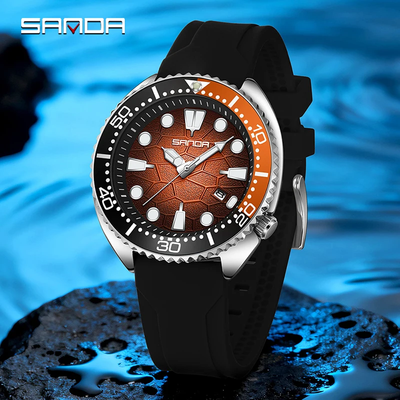 SANDA Neue Herren-Quarzuhr, drehbare Lünette, leuchtender Kalender, 3 Bar, wasserdicht, Silikonarmband, luxuriöse, lässige Sport-Herrenuhren