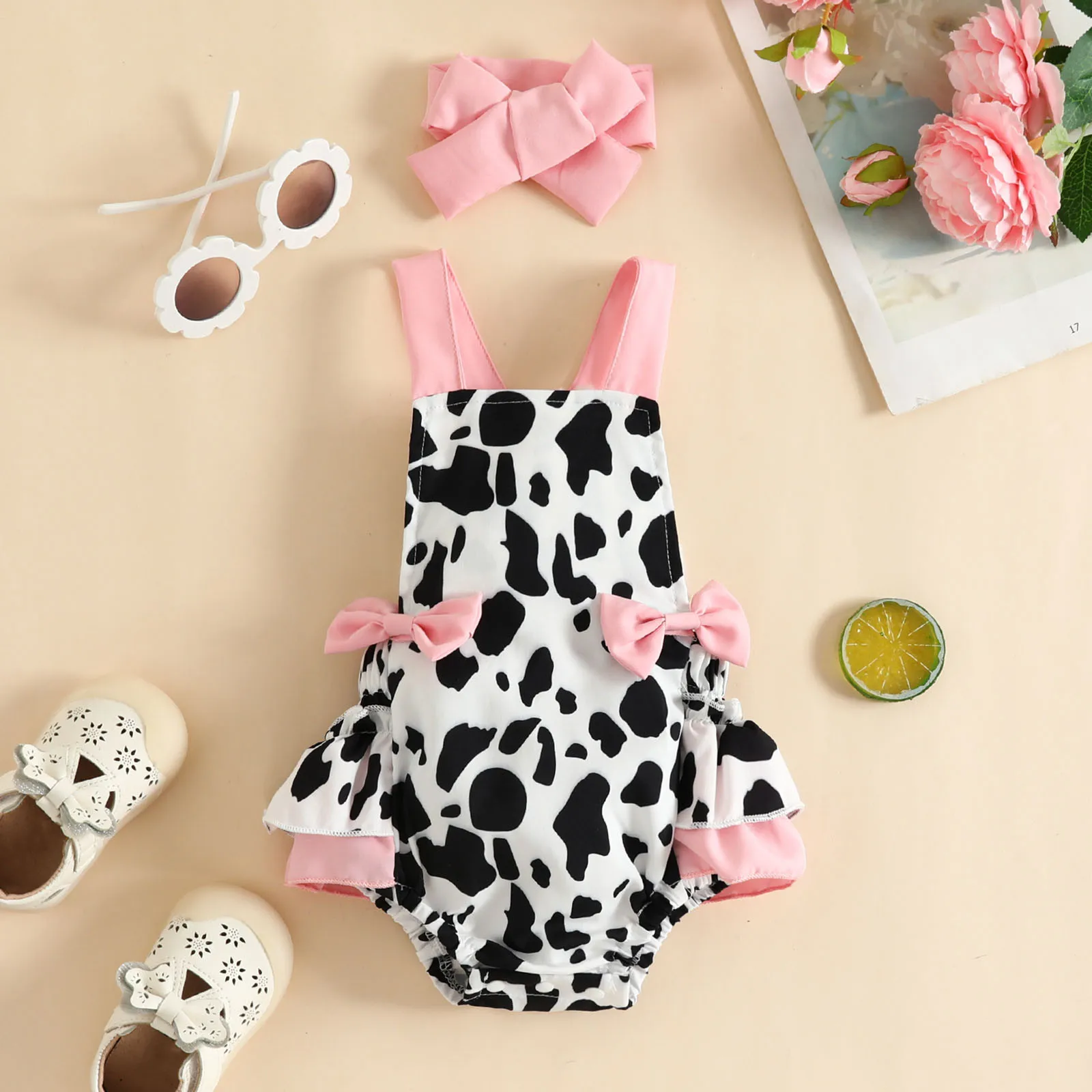 Infant Girls Sleeveless Strawberry Cow Printed Romper Newborn Ruffles Backless Bodysuits Headbands 0-18 Months Summer Clothes