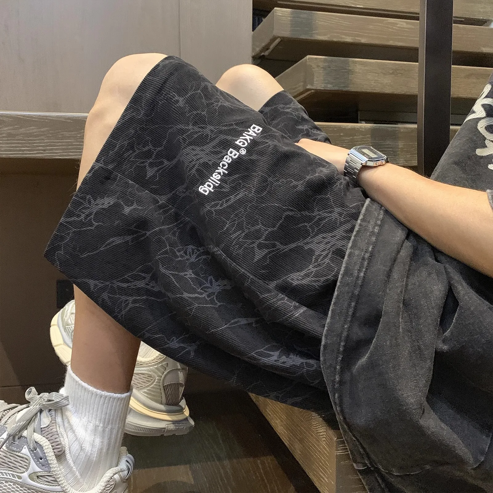 

Retro American Pink ort Pants Youth Casual Loose Fit Summer Thin Sport Four-Five Split High Street Embroidery Leisure Mid-P...