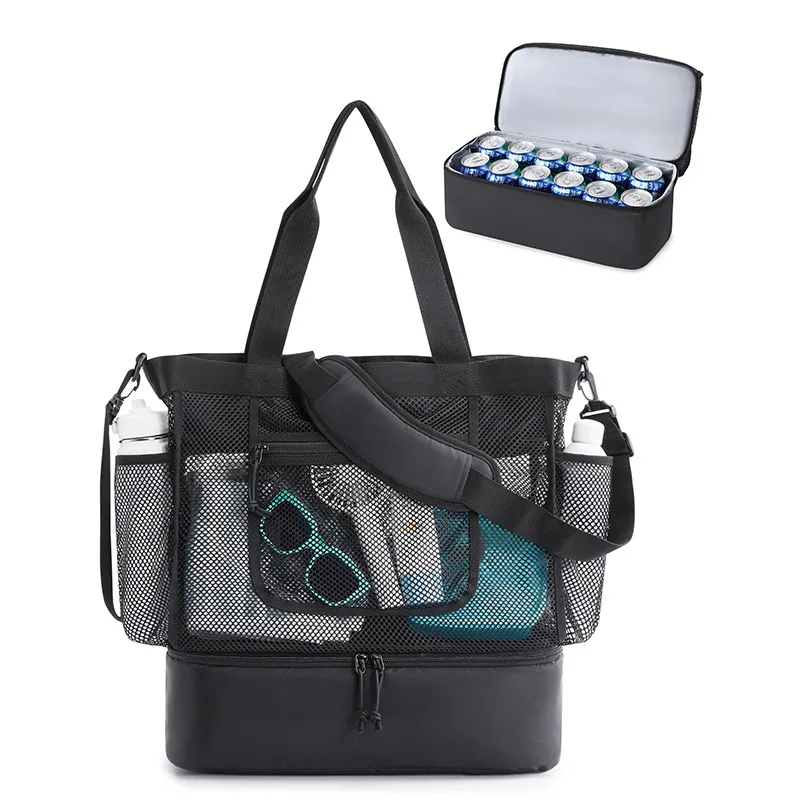 Sandproof Beach Tote Bag Multi-Pocket Mesh Transparent Bag Double-layer Heat Preservation Foldable Lightweight Picnic Beach Bags image 6