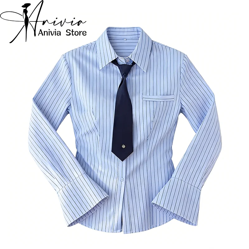 

Женская синяя полосатая повседневная рубашка с воротником и длинным рукавом, французская элегантная модная эстетичная офисная рубашка в стиле ретро для колледжа, верхняя одежда