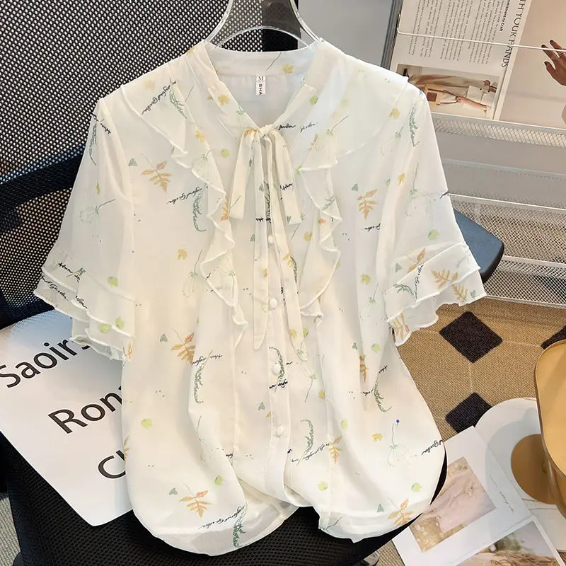 

Broken Flowers Casual V-Neck Shirt Women's Stylish Ruffles Spliced Summer Short Sleeve Drawstring Commute Single-breasted Blouse