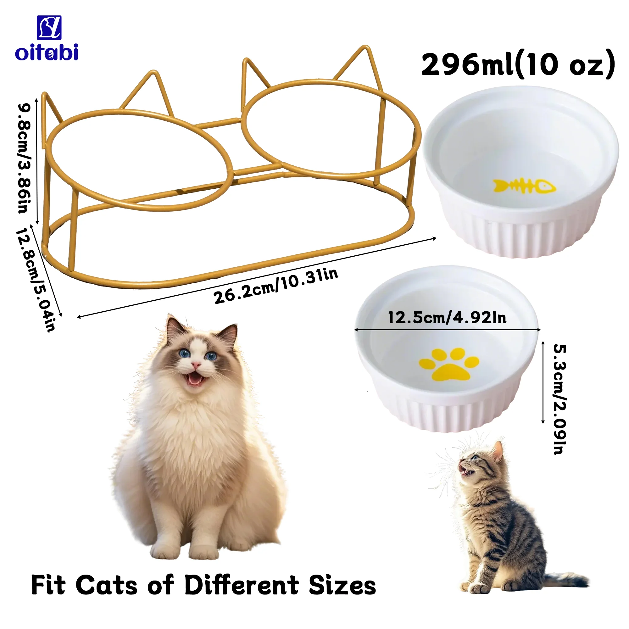 Ciotole per gatti rialzate Oitabi, 15 ° Piatti per gatti rialzati anti-vomito con supporto inclinato per cibo e acqua, 2 ciotole in ceramica per gatti e cuccioli