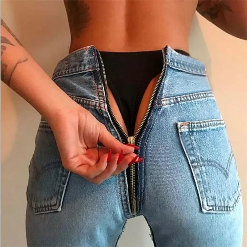 Jeans Slim Fit com zíper traseiro para mulheres, monocromático, cintura média, personalizado, algodão sexy, 2024