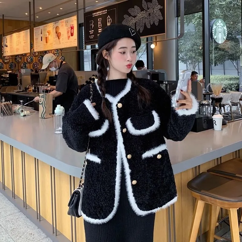 

Girls Little Fragrance Women's Jacket Autumn Winter Versatile Imitation Lamb Plush Cropped Coat Black Thicken Young Top Surcoat