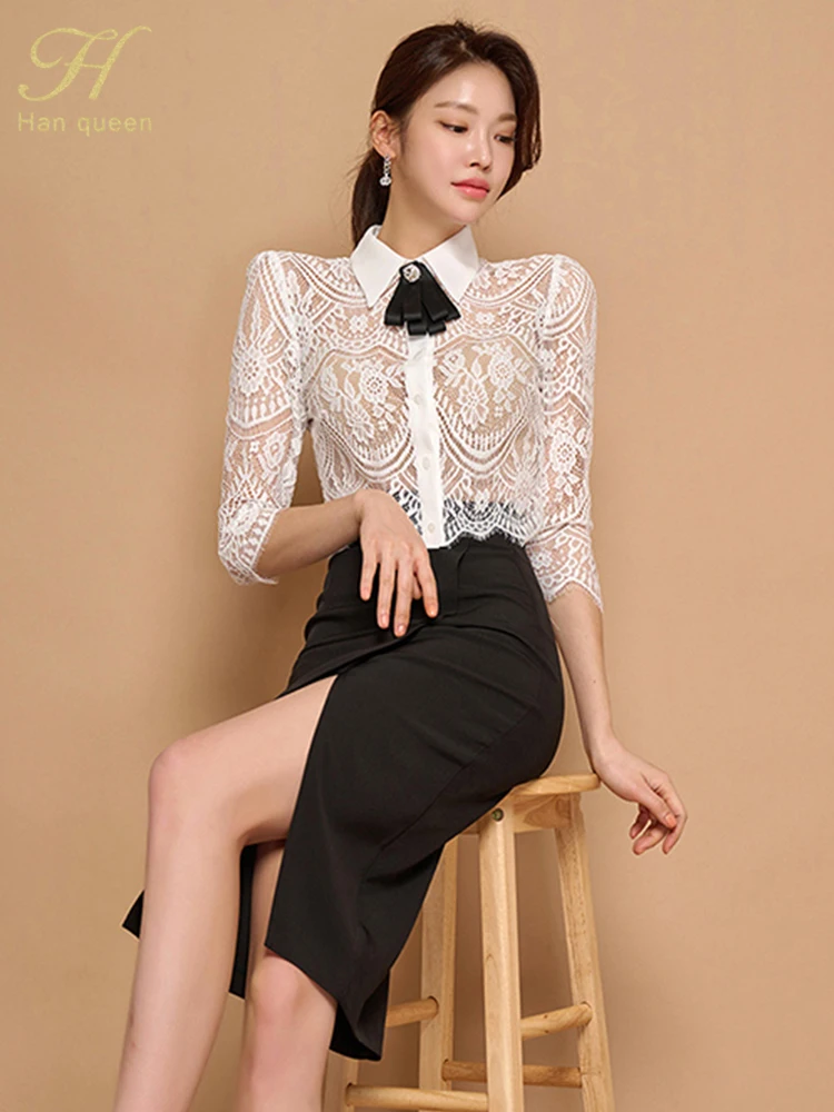 H Han Queen Elegant 2024 Summer 2 Pieces Set Women Bow Lace Tops + High Waist Slit Pencil Skirts Casual Simple Office Skirt Suit