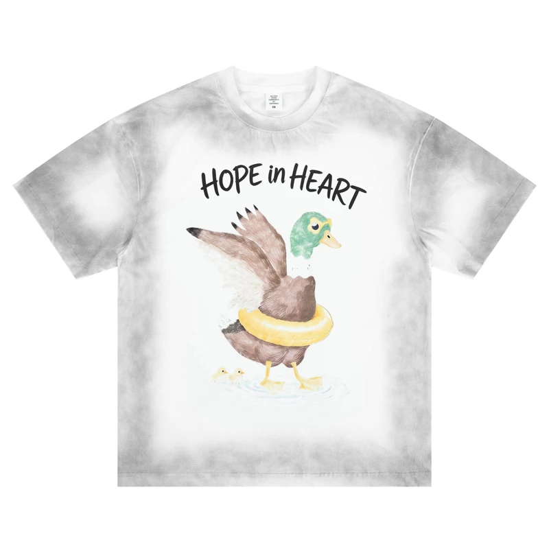 Y2K Tie-dyed Cartoon Duck Print T-Shirt Heavy Quality Men Women Crew Neck Short Sleeve T-shirt