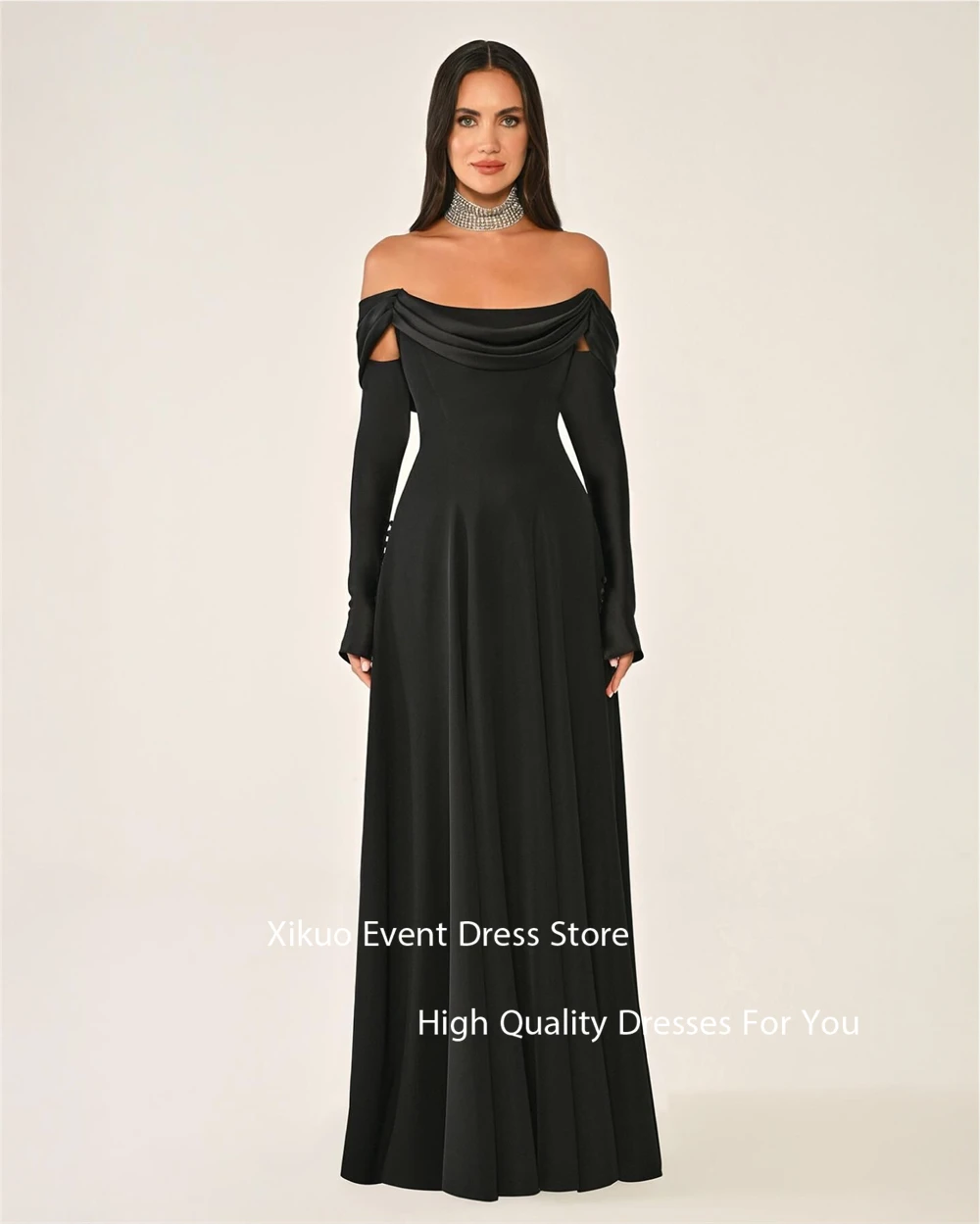 فساتين سهرة Xikuo رشيقة من الساتان الأحمر على شكل حرف A قبالة الكتف رداء كوكتيل نسائي بأكمام طويلة فساتين حفلات مطوية حسب الطلب