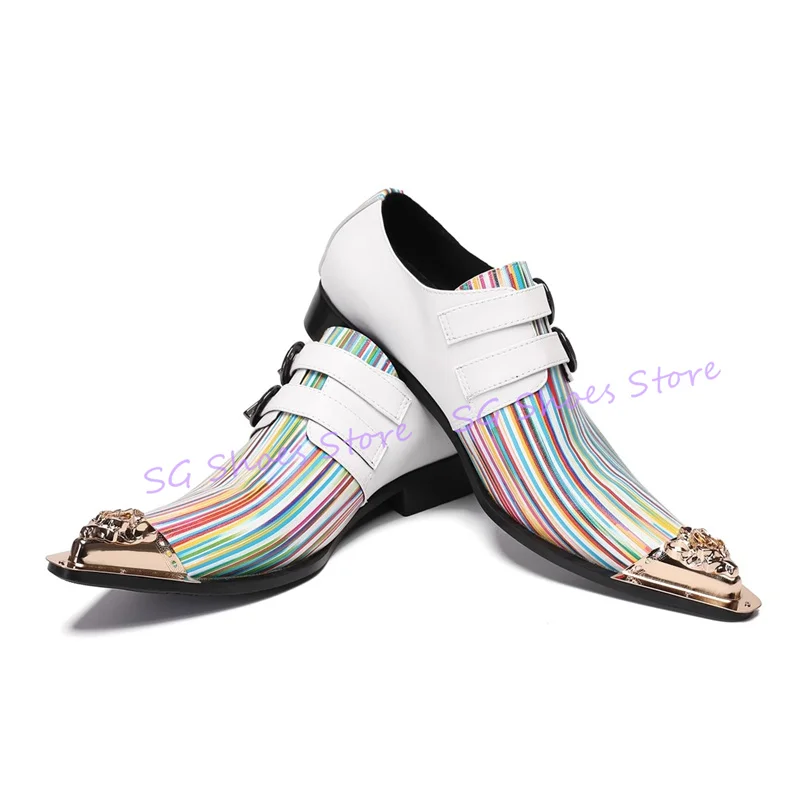 

Rainbow Striped Patchwork Belt Buckle Loafers for Men Metal Pointed Toe Chunky Heel Leather Shoes Male Wedding Dress Shoes